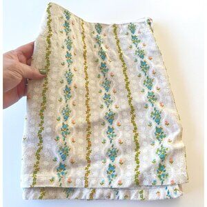 Vintage valance curtain, ecru, blue pink white flowers, short panel, rod heading